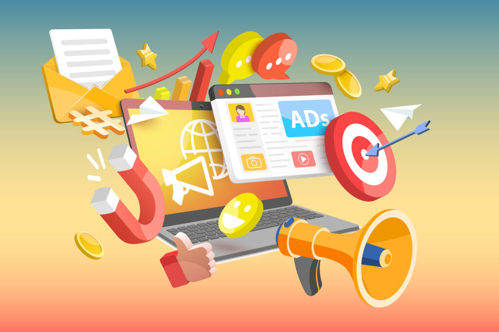 Colorful digital marketing illustration featuring a laptop, online ads, social media icons, email, target, megaphone, growth chart, and engagement symbols representing digital marketing strategies for startups.